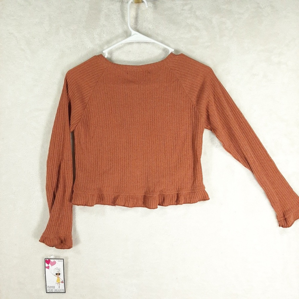 Three Pink Hearts Trixxi Rust Ribbed Ruffle Hem Cropped Cardigan Large NWT - Picture 4 of 8